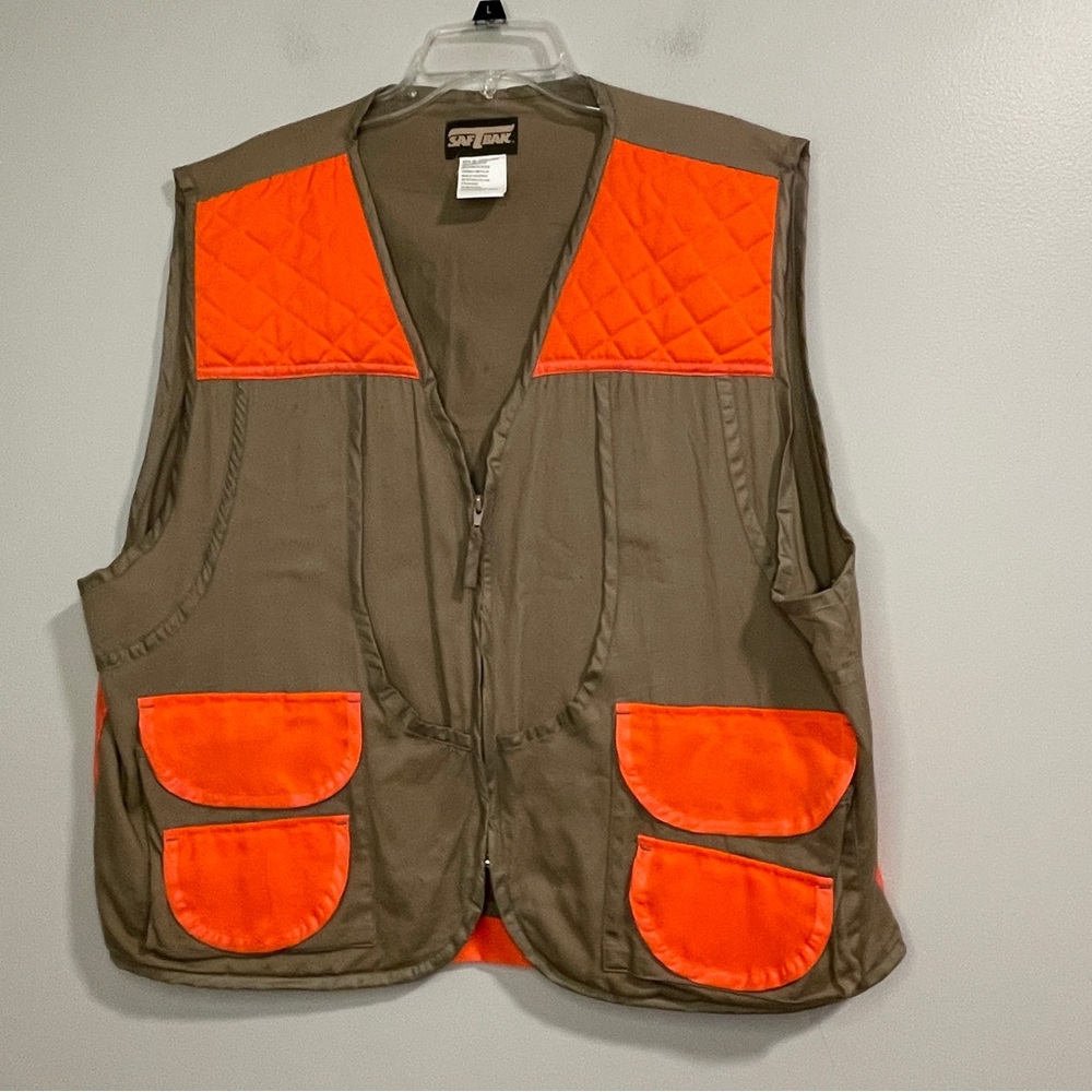 Men's SAFTBAK Khaki & Blaze Orange Pocket Hunting Vest W/Back Zip Space Size 2XL